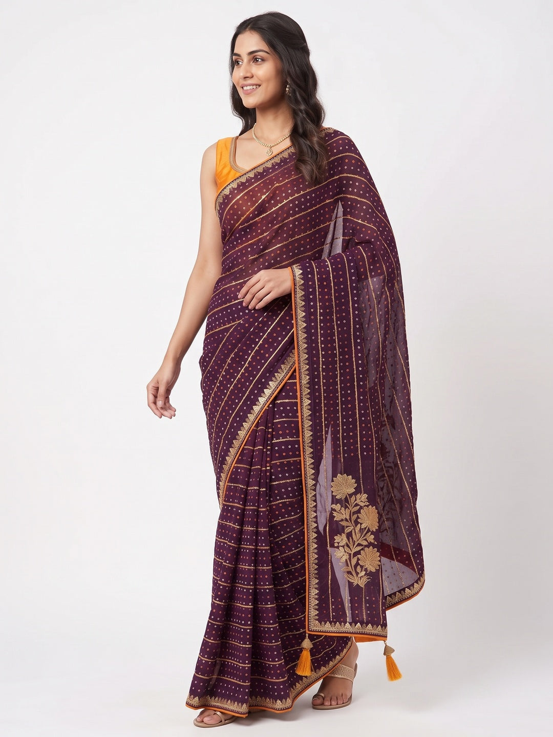 Charming Wine Bandhani Printed Georgette Saree With Glittering Sequins & Zari Border - Image 4