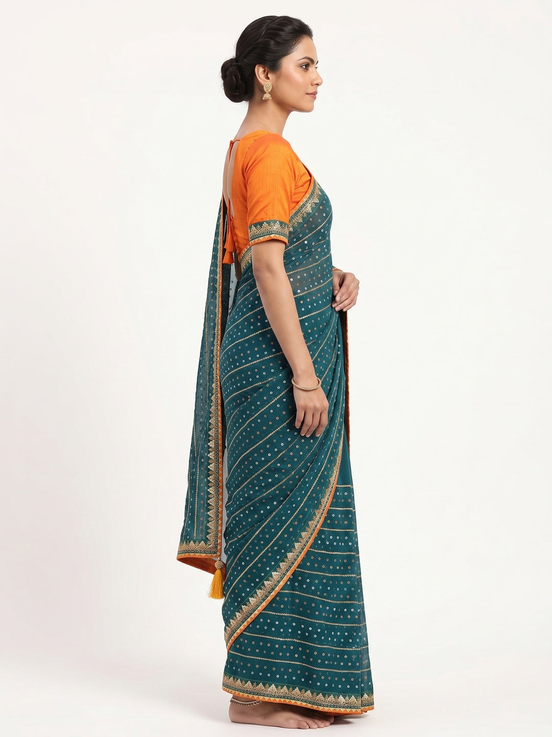 Charming Teal Bandhani Printed Georgette Saree With Glittering Sequins & Zari Border - Image 2