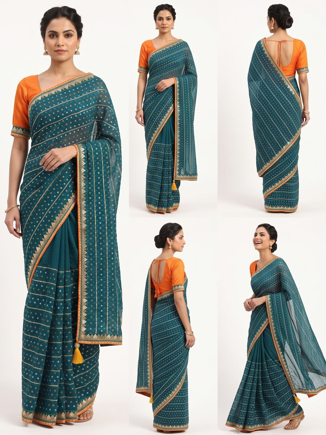 Charming Teal Bandhani Printed Georgette Saree With Glittering Sequins & Zari Border - Image 3