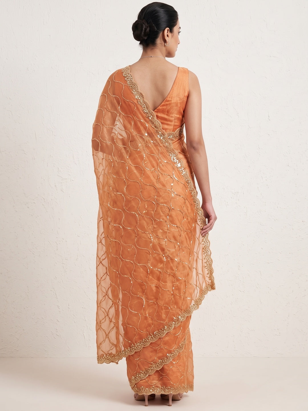 Orange Partywear Organza Chiffon Silk Saree Highlighted with Fine Sequins Detailing - Image 2