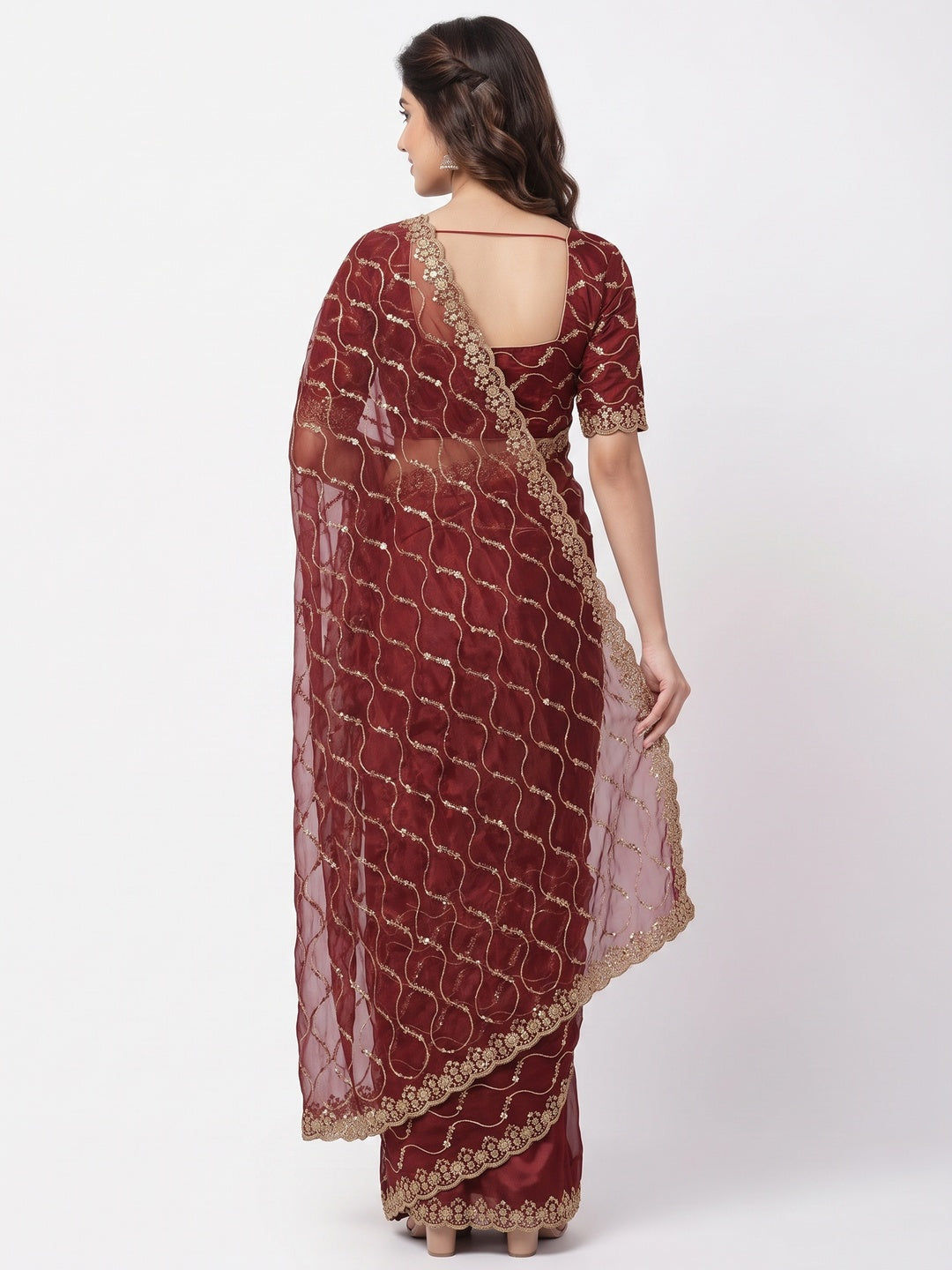 Maroon Partywear Organza Chiffon Silk Saree Highlighted with Fine Sequins Detailing - Image 2