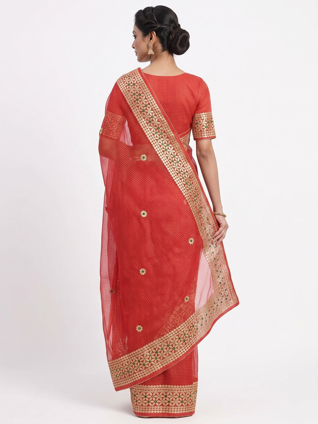 Red Ethnic Kota Doria Saree Designed with Beautiful Traditional Gota Embroidery - Image 2