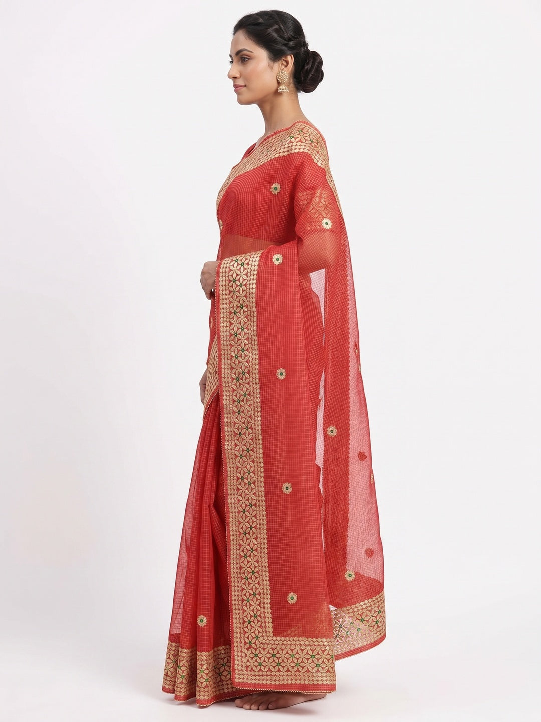 Red Ethnic Kota Doria Saree Designed with Beautiful Traditional Gota Embroidery - Image 3