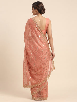 Peach Partywear Organza Chiffon Silk Saree Highlighted with Fine Sequins Detailing - Image 2