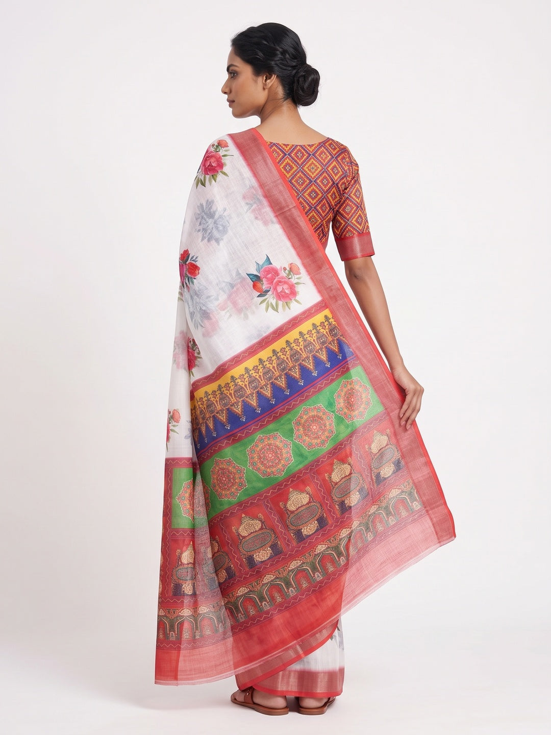 White & Red Floral Digital Printed Linen Saree With Zari Border - Image 2