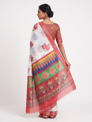 White & Red Floral Digital Printed Linen Saree With Zari Border - Image 2