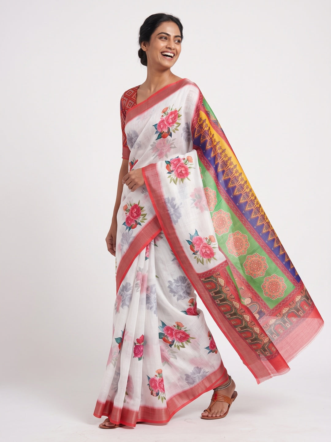 White & Red Floral Digital Printed Linen Saree With Zari Border - Image 4