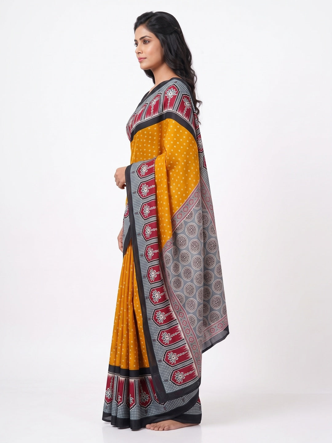 Classic Mustard Crepe Silk Saree Enhanced with Bandhani Work for Timeless Appeal - Image 3
