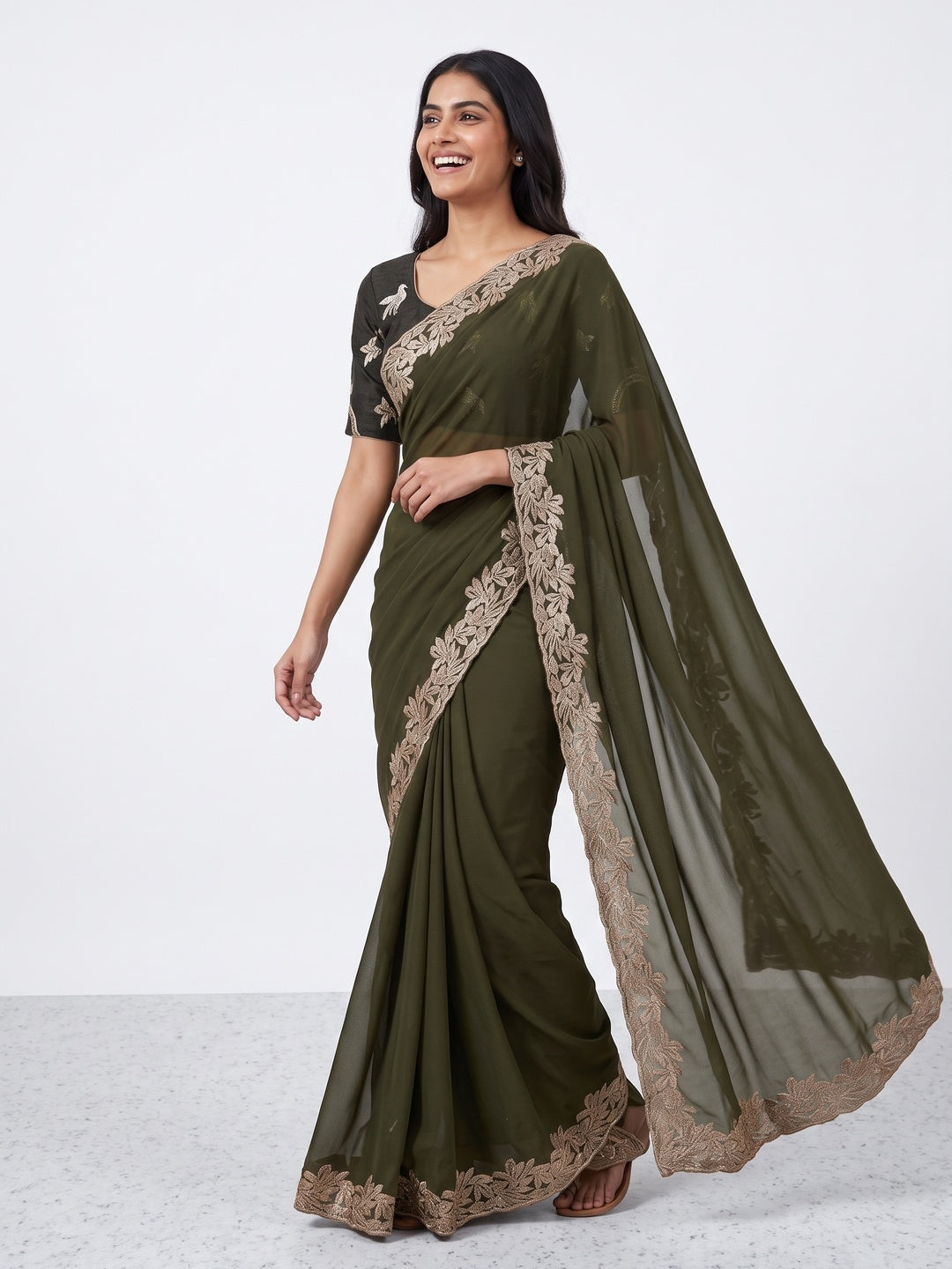 Stylish Mehendi Green Star Chiffon Saree with Traditional Zari Embellished Border - Image 5