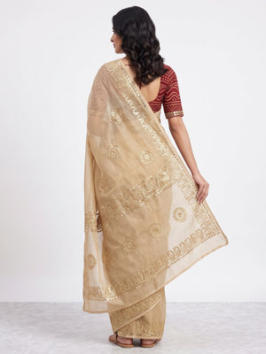 Beige Festive Kota Doria Saree Decorated with Classic Gota Work Embroidery - Image 2