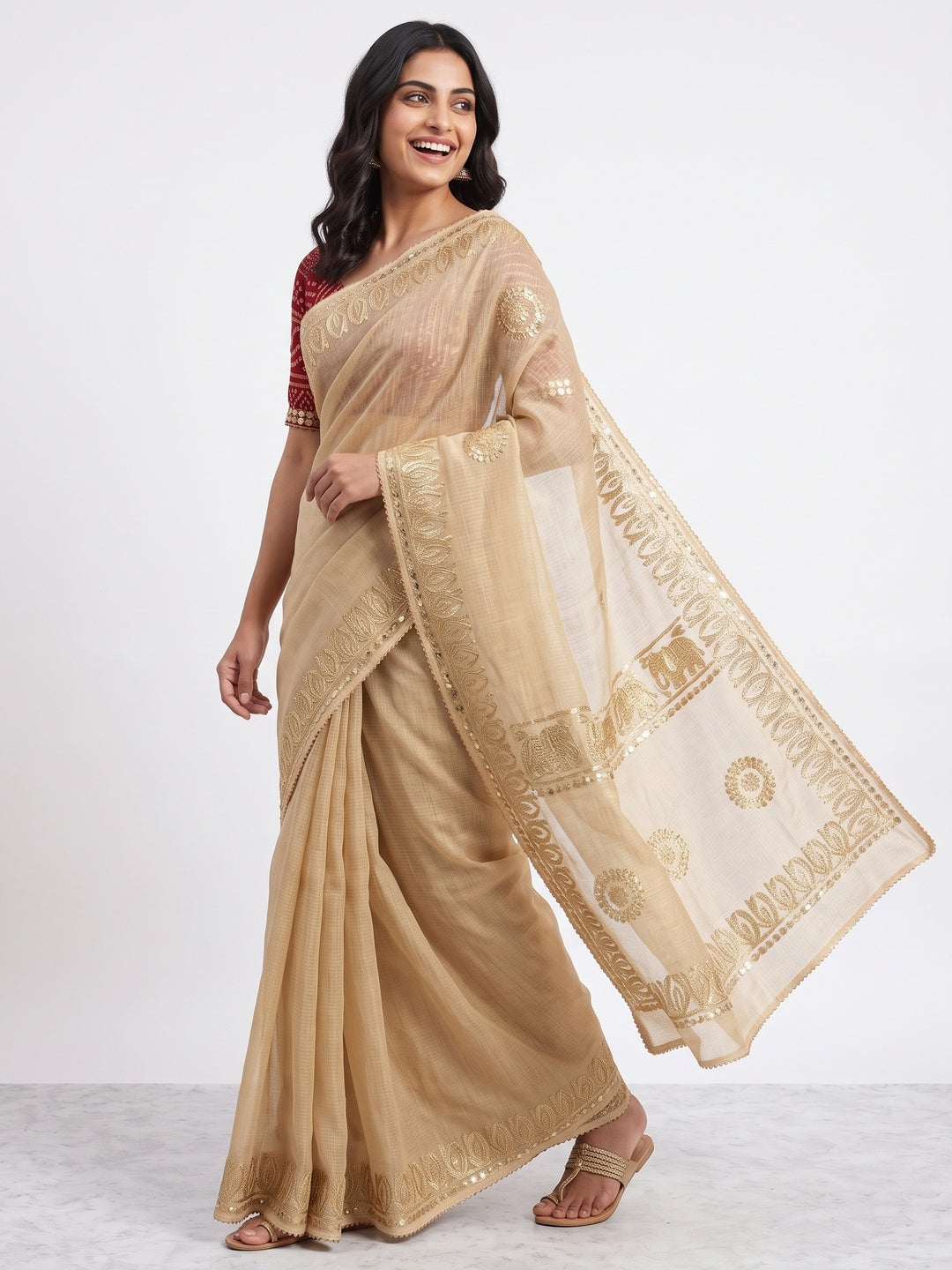 Beige Festive Kota Doria Saree Decorated with Classic Gota Work Embroidery - Image 4
