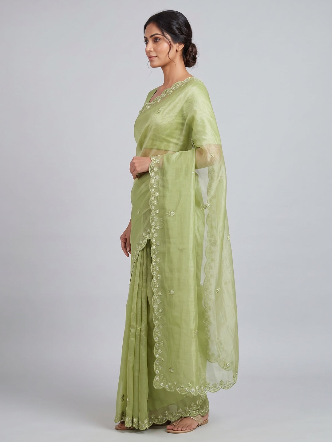 Green Net Partywear Saree Featuring Fine Floral Embroidery and a Soft, Flowing Look - Image 3