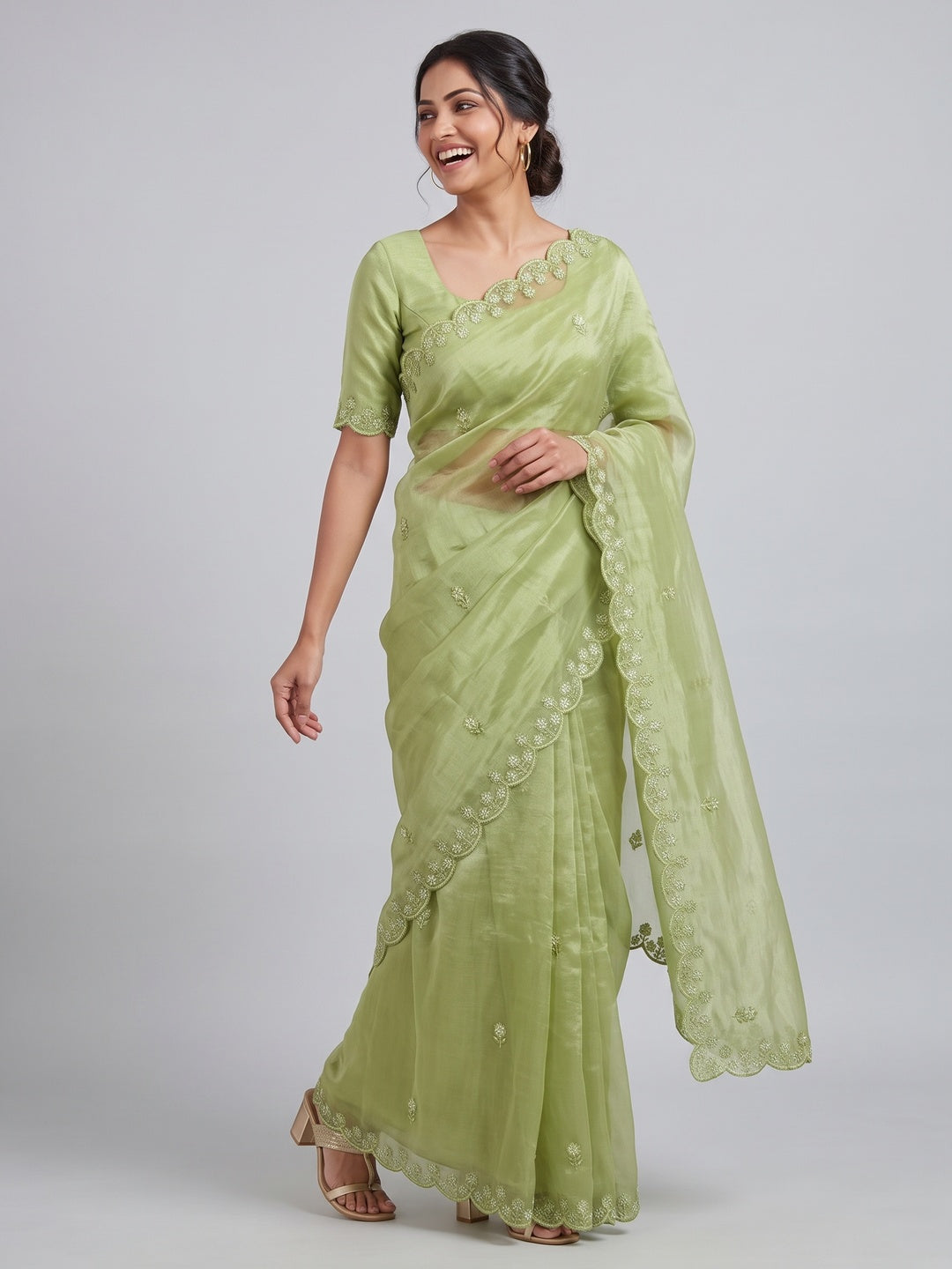 Green Net Partywear Saree Featuring Fine Floral Embroidery and a Soft, Flowing Look - Image 4