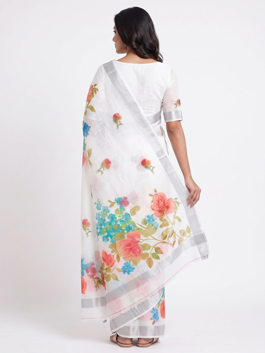 White & Grey Floral Digital Printed Linen Saree With Zari Border - Image 2