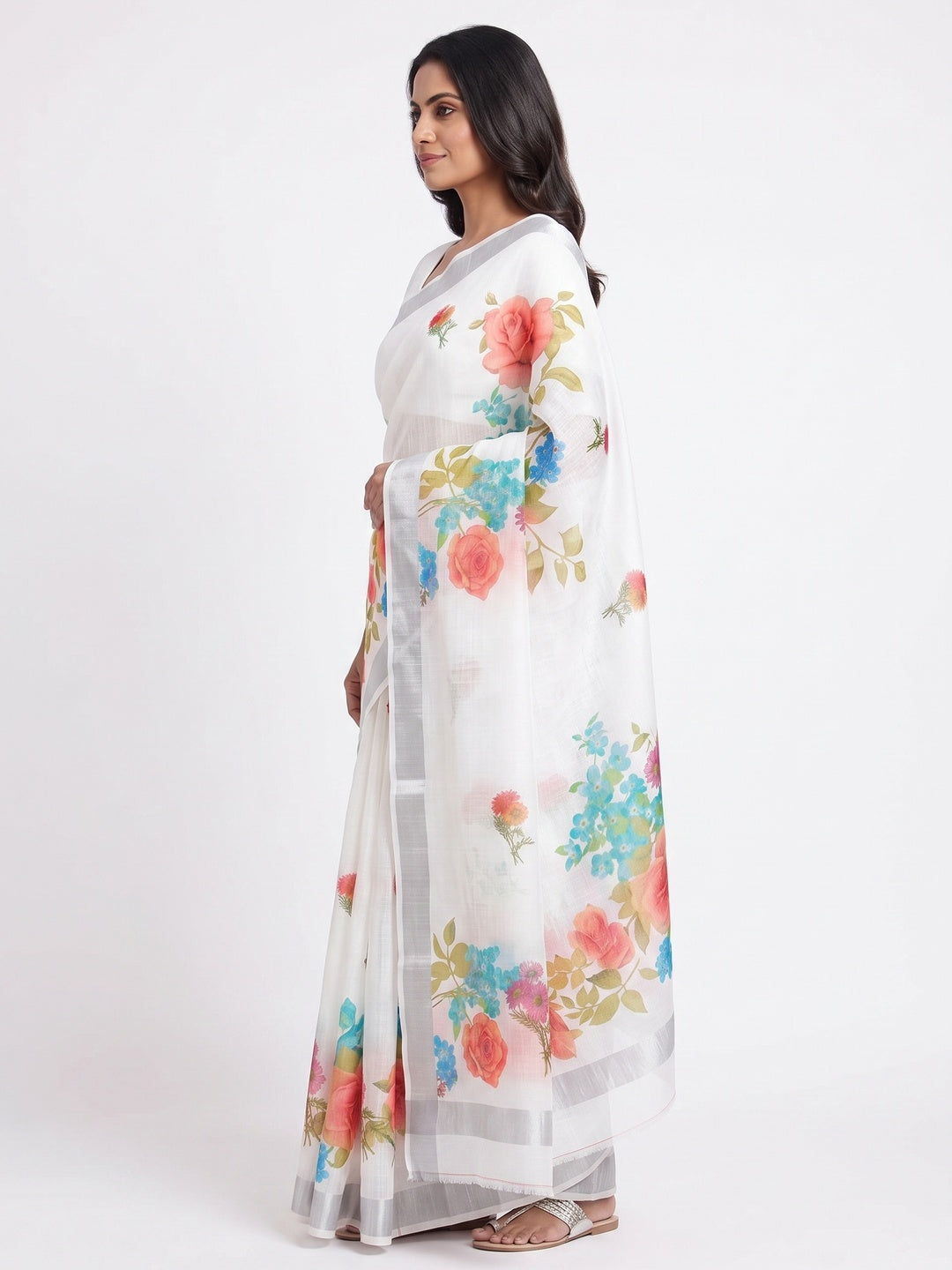 White & Grey Floral Digital Printed Linen Saree With Zari Border - Image 3