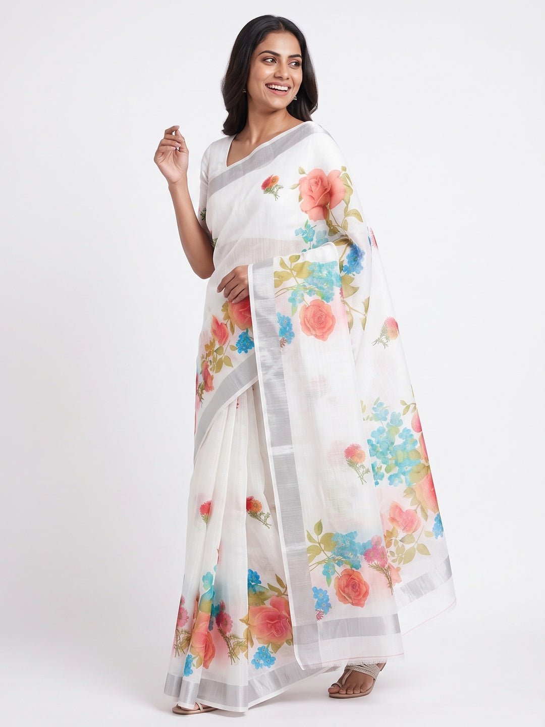 White & Grey Floral Digital Printed Linen Saree With Zari Border - Image 4