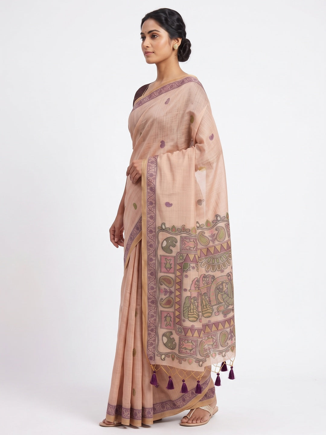 Peach Woven Muga Cotton Silk Saree In Kalamkari Motifs On Pallu - Image 3