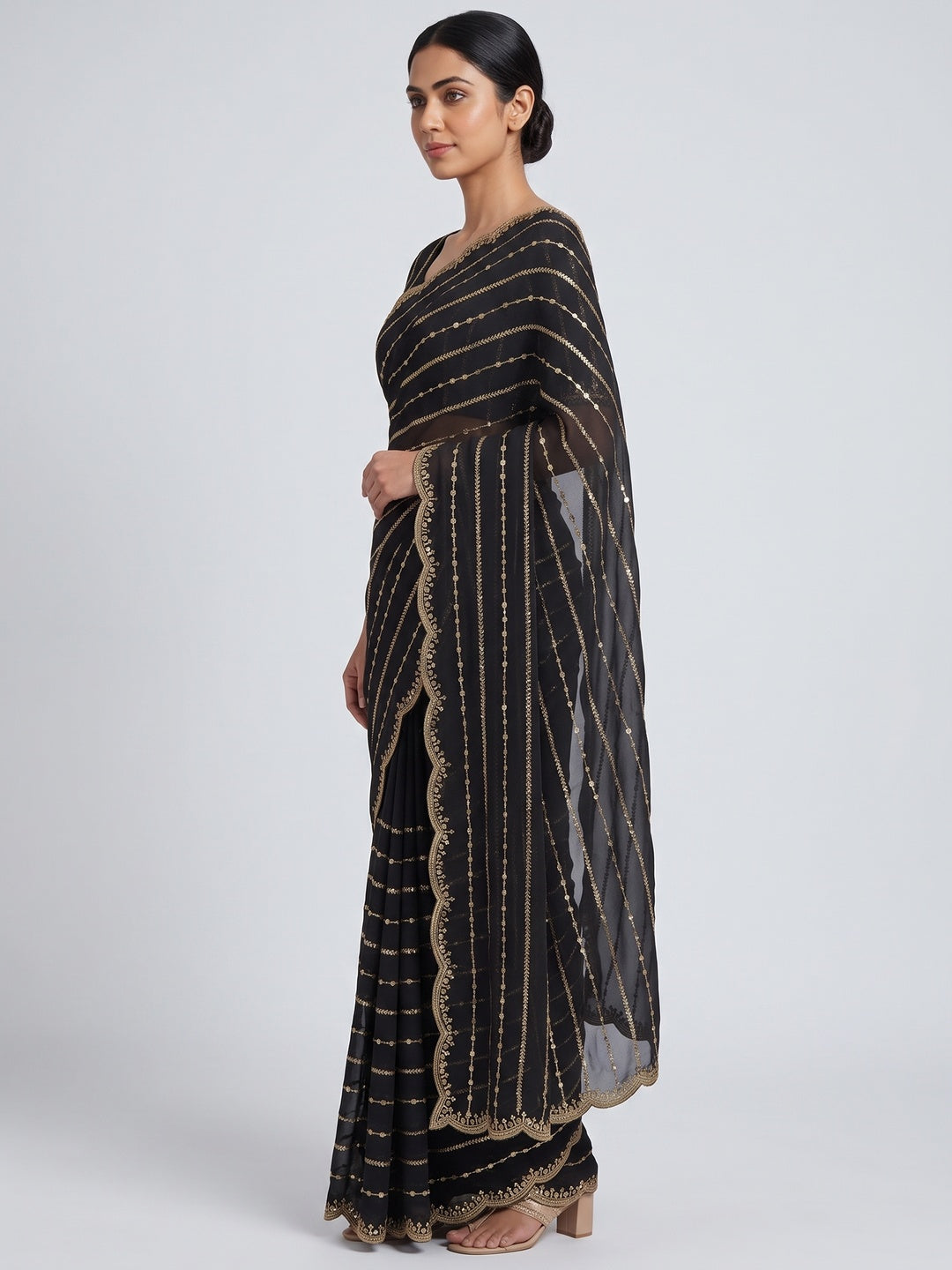 Timeless Black Striped Pattern Georgette Saree Accentuated With Elegant Sequins Embroidery Work - Image 3