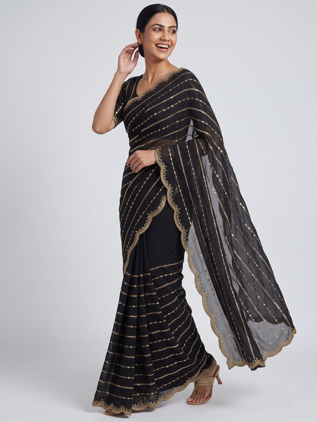Timeless Black Striped Pattern Georgette Saree Accentuated With Elegant Sequins Embroidery Work - Image 4