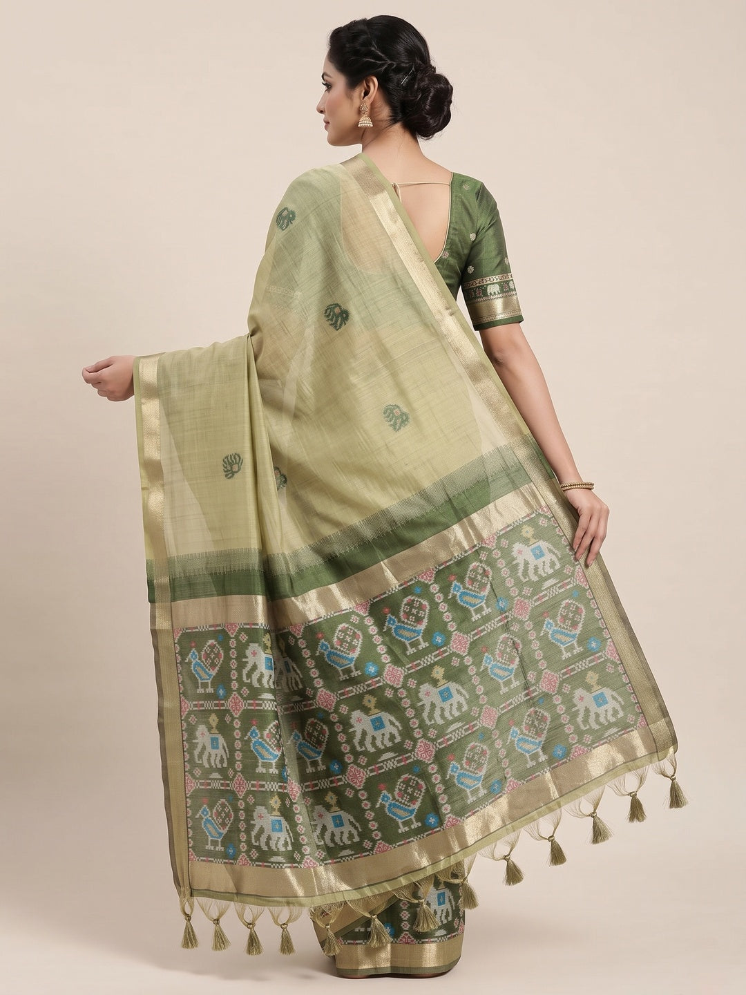 Green Muga Cotton Silk Saree with Traditional Patola Woven Pallu Design - Image 2