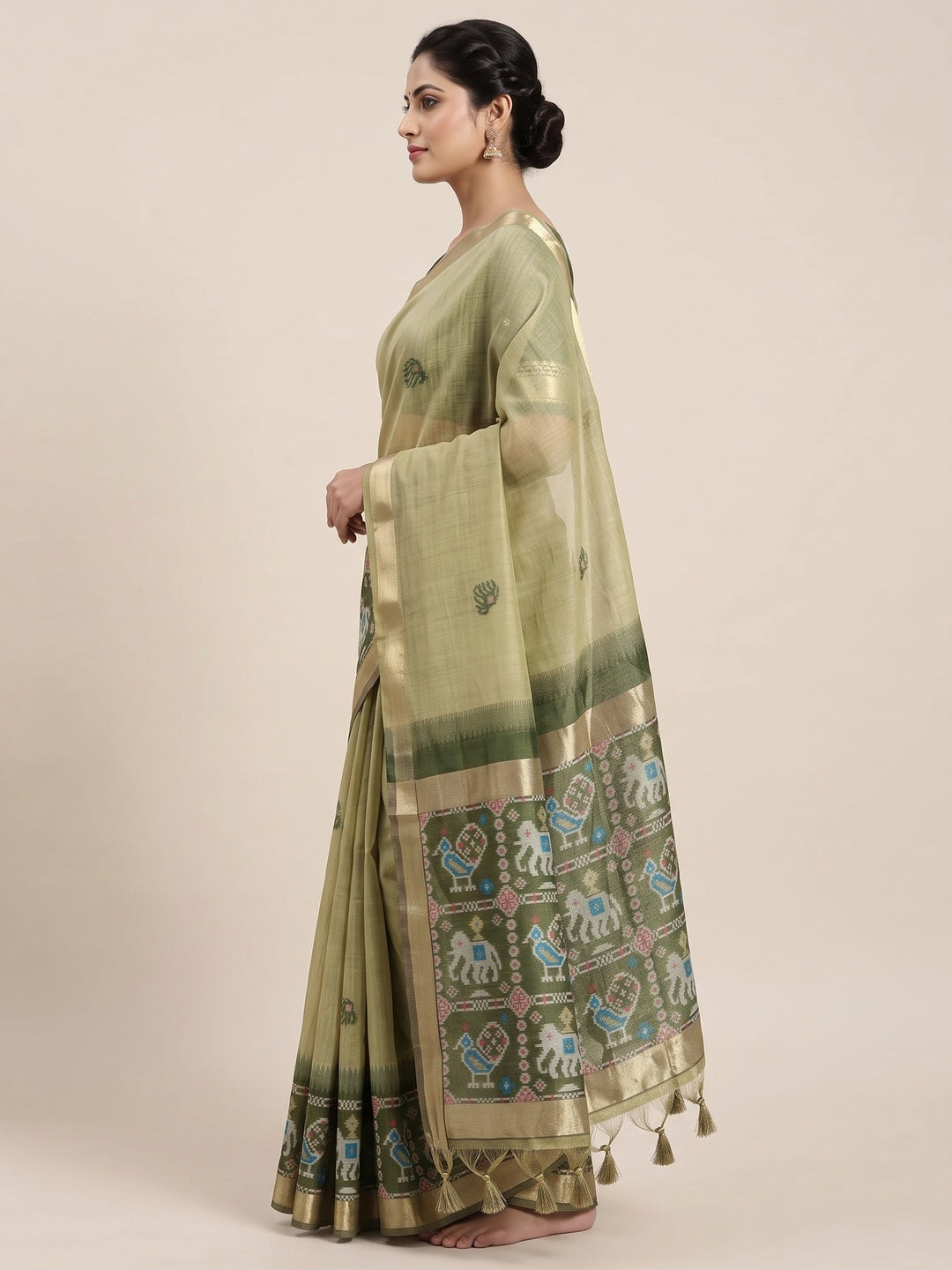 Green Muga Cotton Silk Saree with Traditional Patola Woven Pallu Design - Image 3