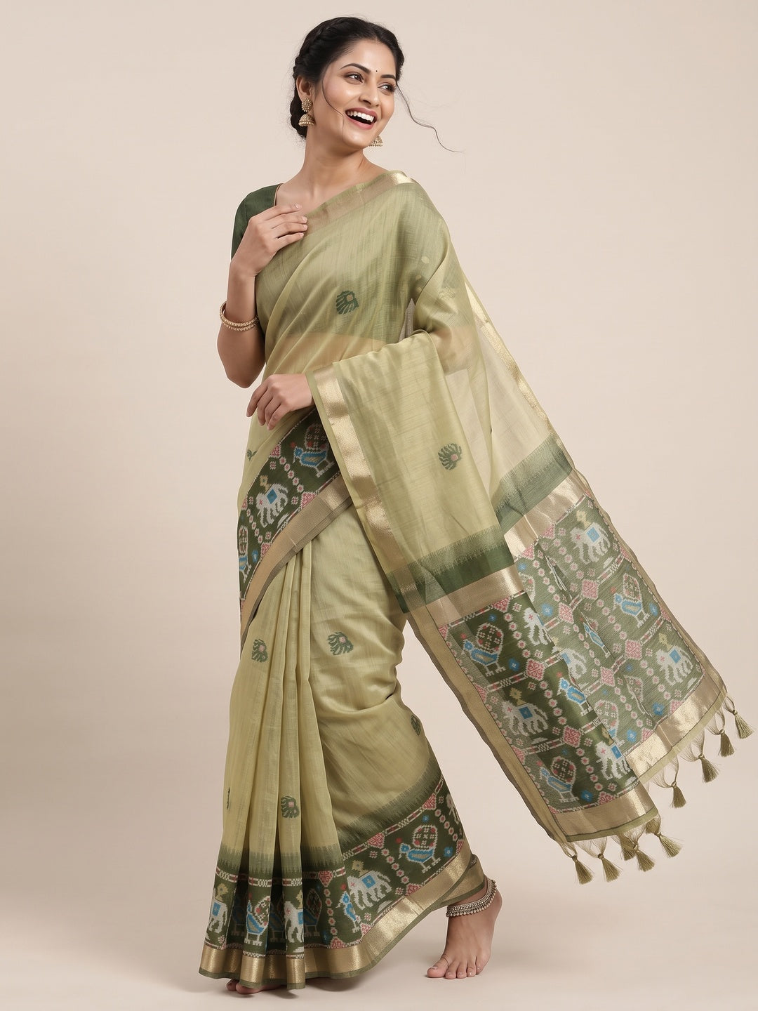 Green Muga Cotton Silk Saree with Traditional Patola Woven Pallu Design - Image 4