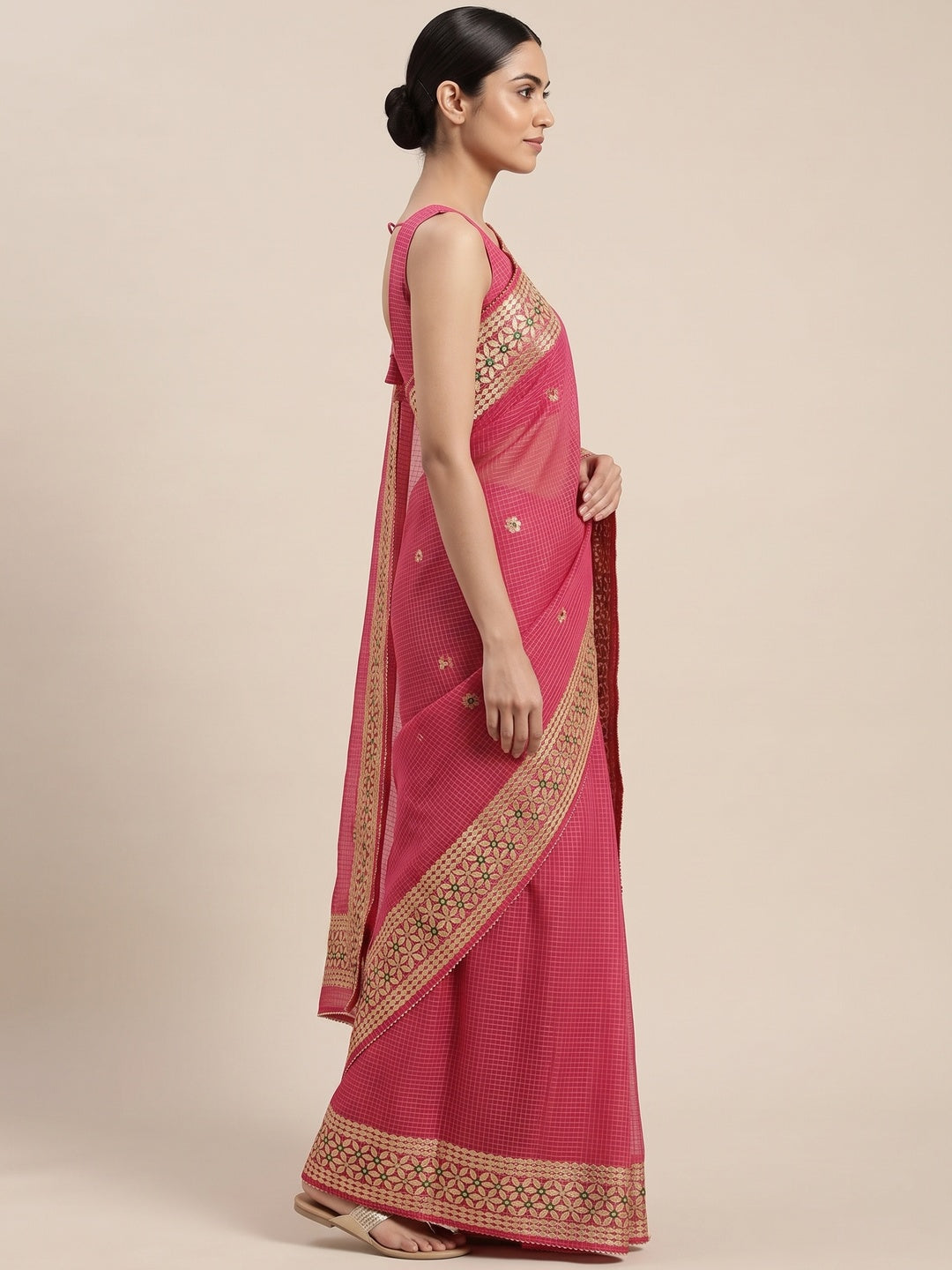 Pink Ethnic Kota Doria Saree Designed with Beautiful Traditional Gota Embroidery - Image 3