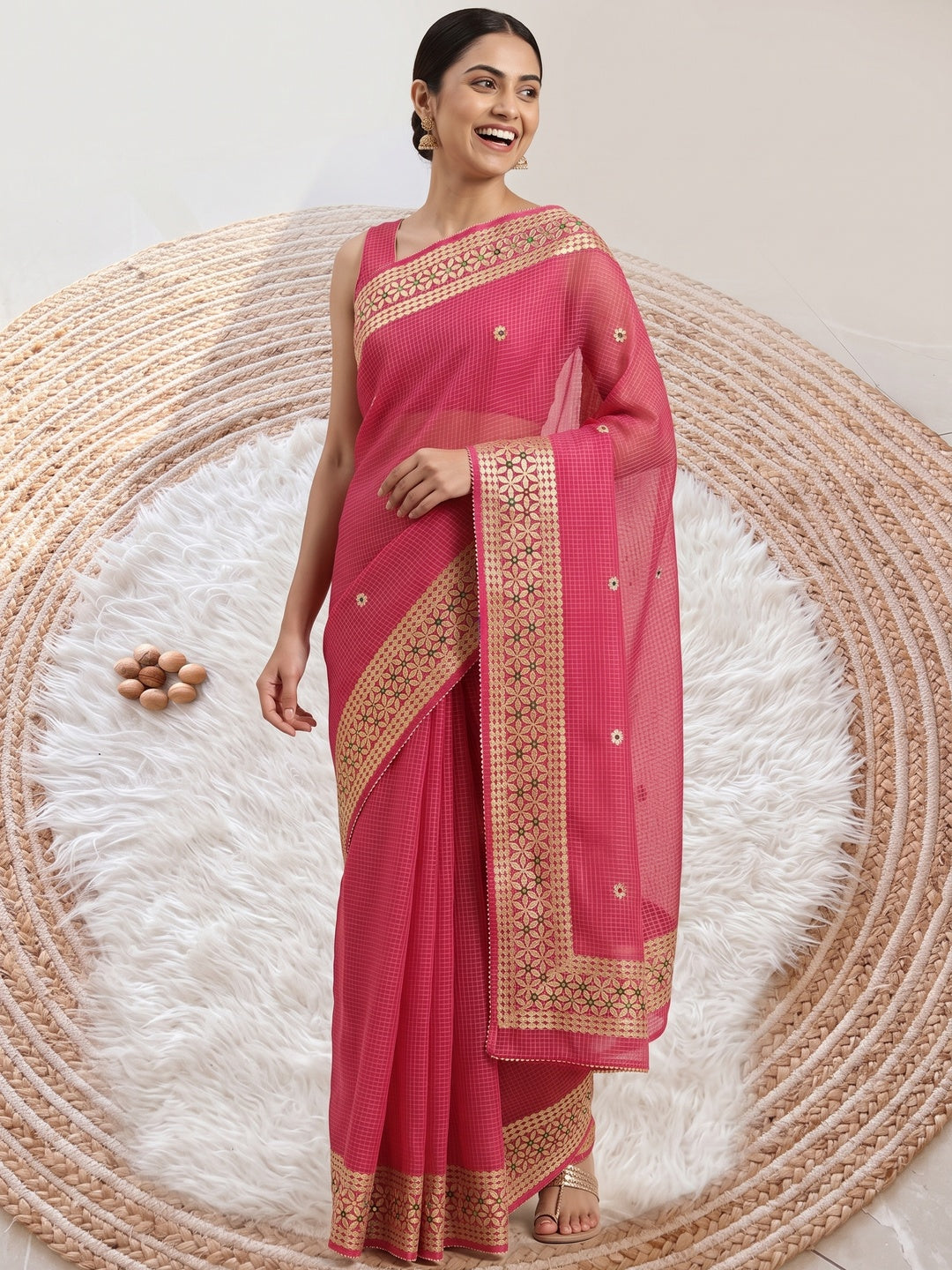 Pink Ethnic Kota Doria Saree Designed with Beautiful Traditional Gota Embroidery - Image 4