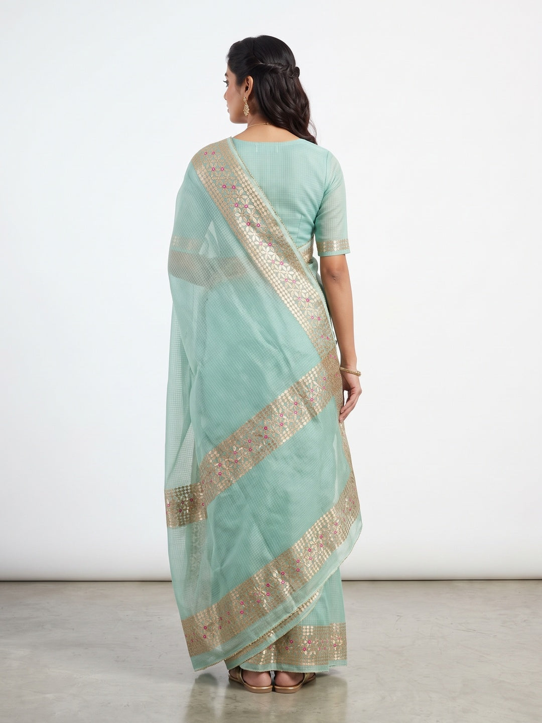 Sea Green Ethnic Kota Doria Saree Designed with Beautiful Traditional Gota Embroidery - Image 2