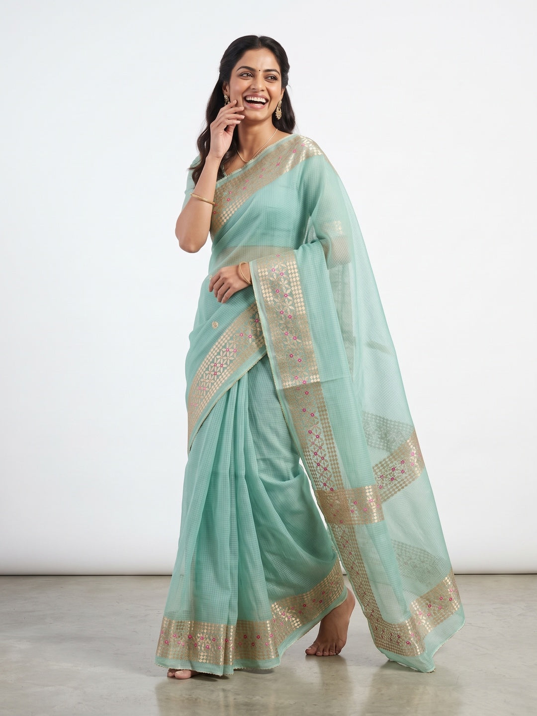 Sea Green Ethnic Kota Doria Saree Designed with Beautiful Traditional Gota Embroidery - Image 5