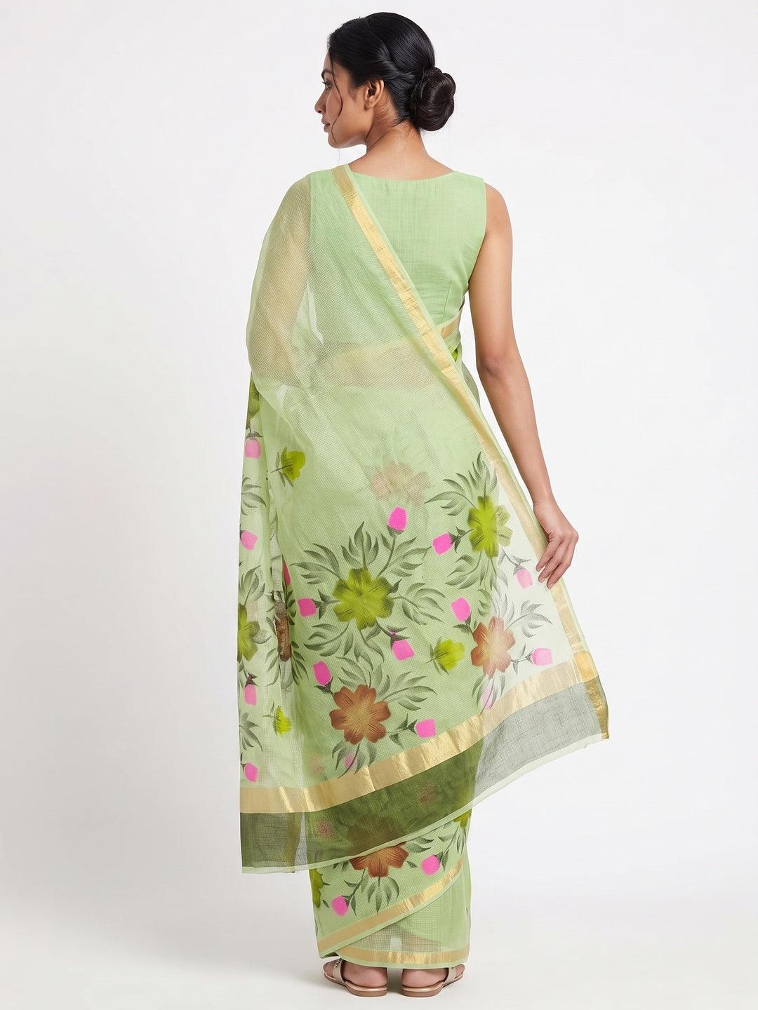 Green Floral Brush-Painted Kota Doria Saree with Elegant Artistic Detailing - Image 2