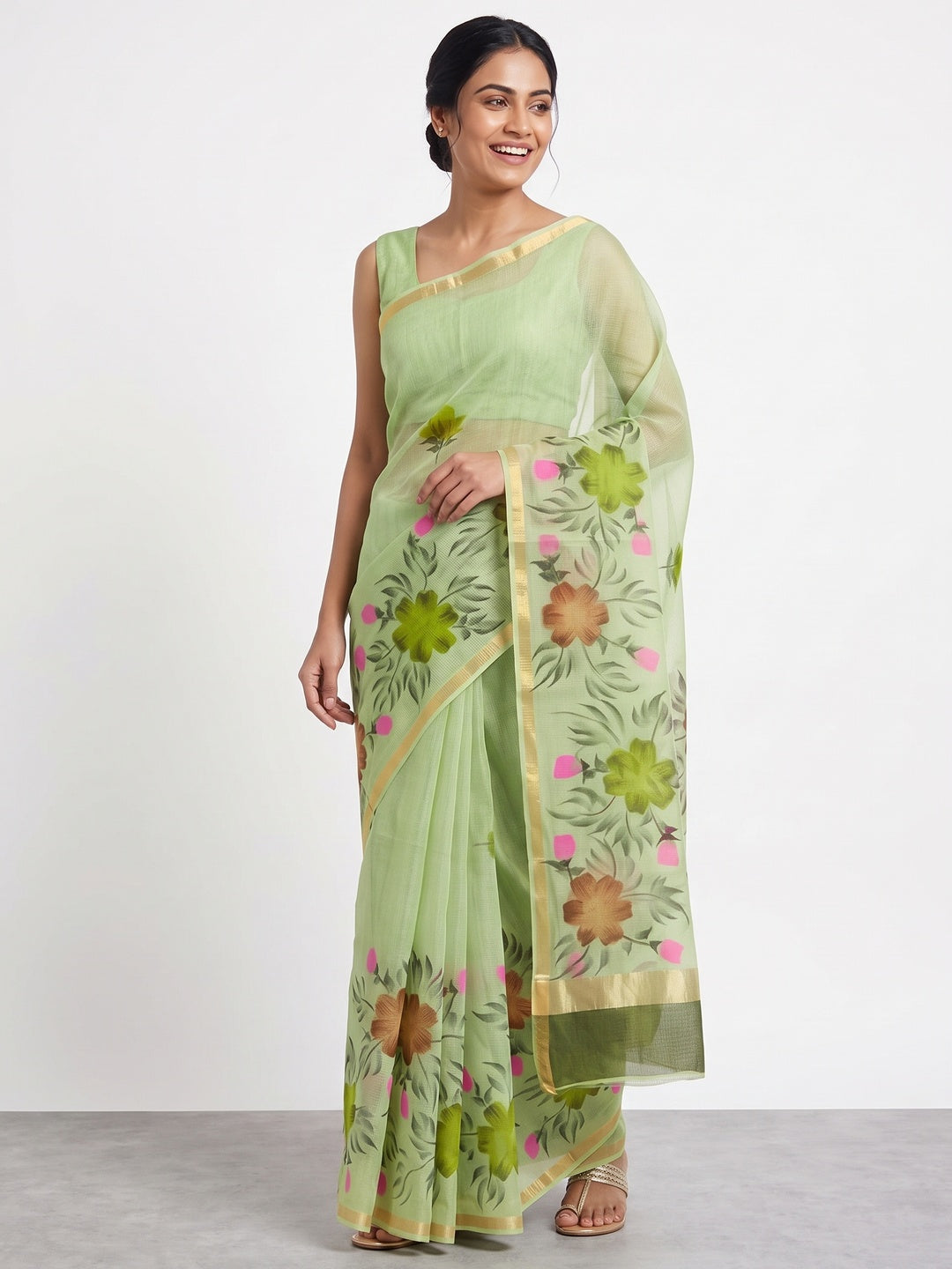Green Floral Brush-Painted Kota Doria Saree with Elegant Artistic Detailing - Image 4
