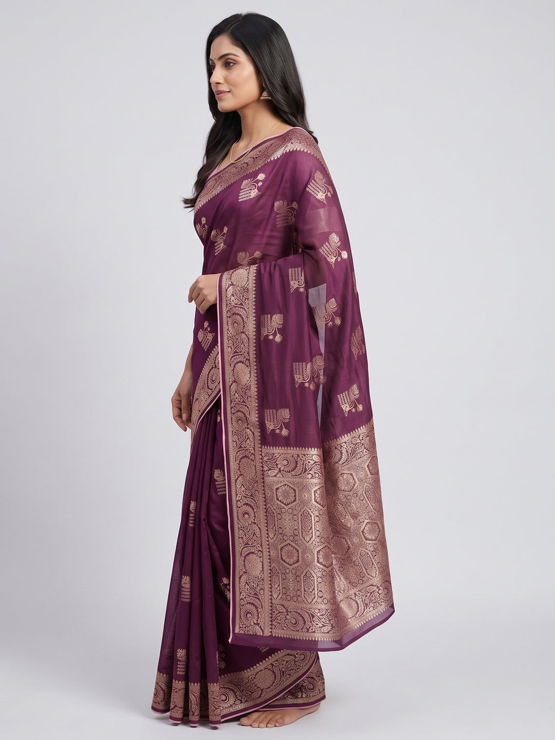 Purple Elegant Soft Muslin Saree with Fine Meenakari Zari Woven Motifs - Image 3