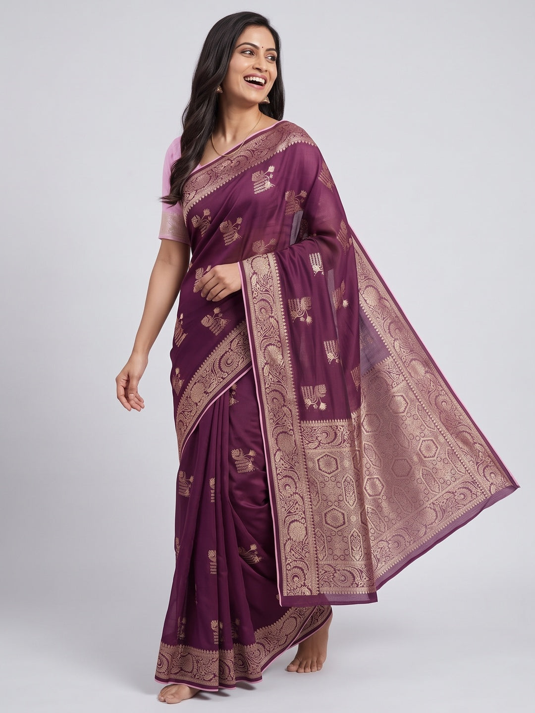 Purple Elegant Soft Muslin Saree with Fine Meenakari Zari Woven Motifs - Image 4