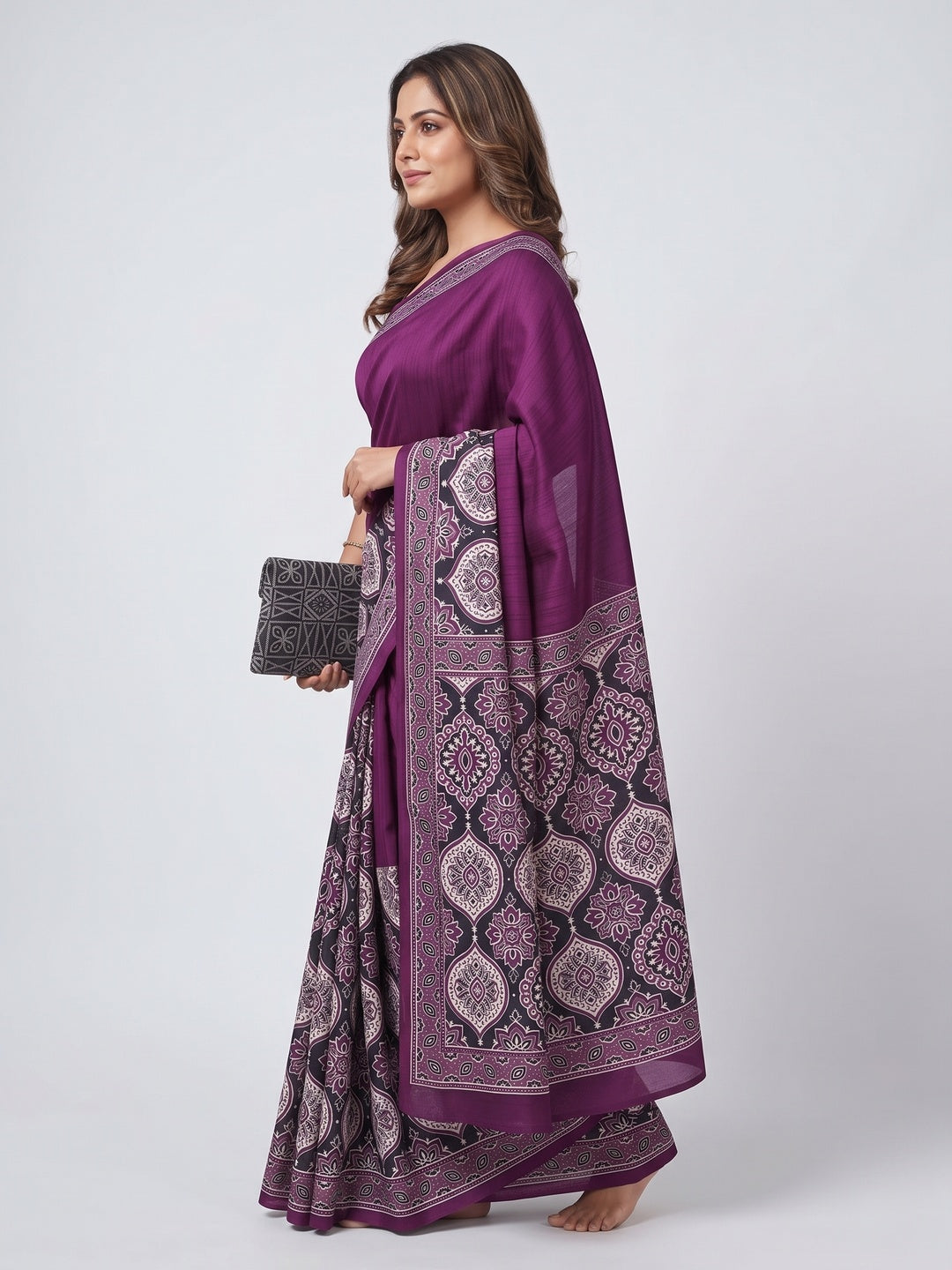 Purple Premium Crepe Silk Lightweight Saree Adorned with Classic Ajrakh Patterns - Image 3
