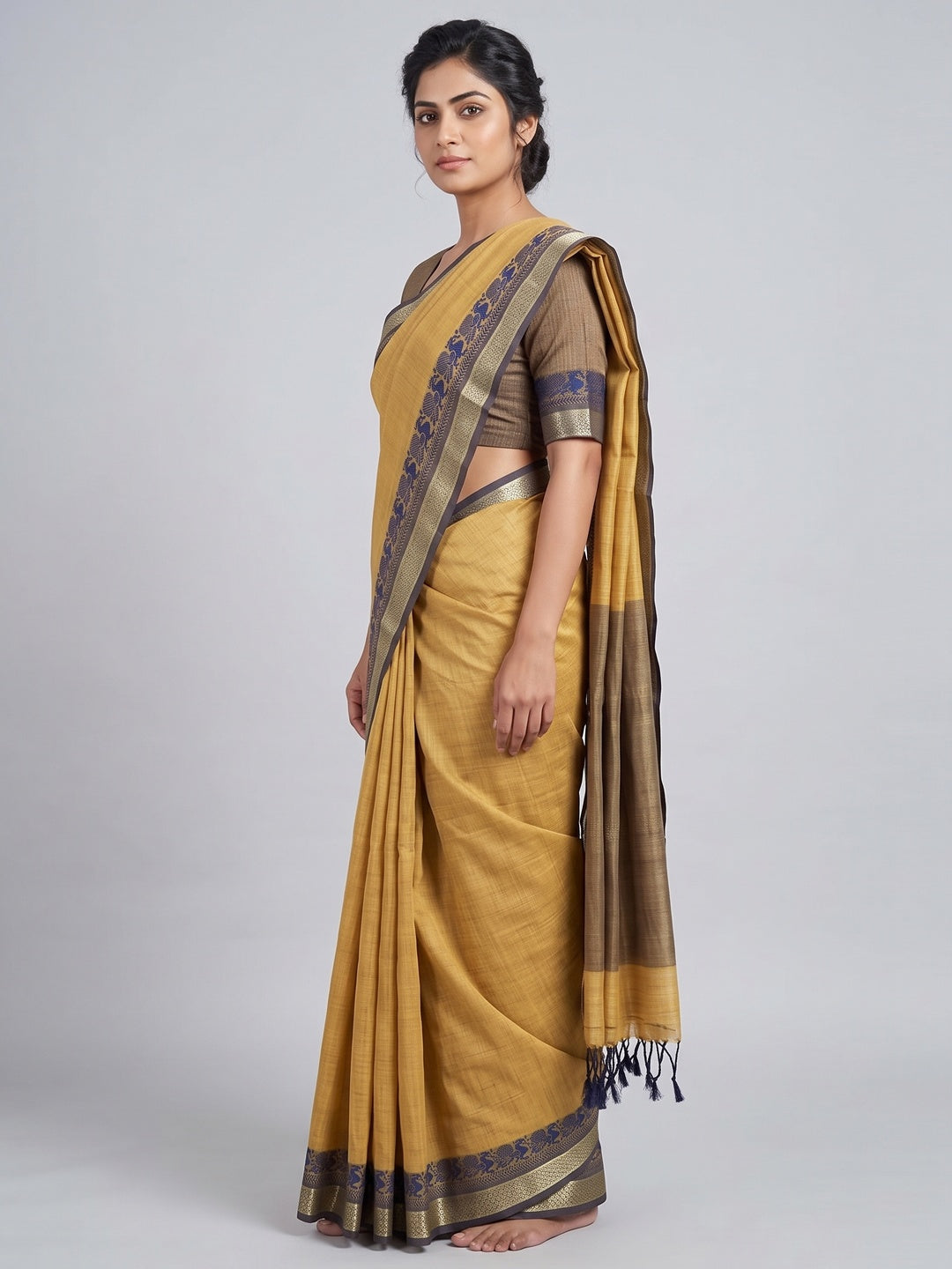 Mustard Pure Handloom Silk Saree with an Elegantly Woven Jacquard Border - Image 3