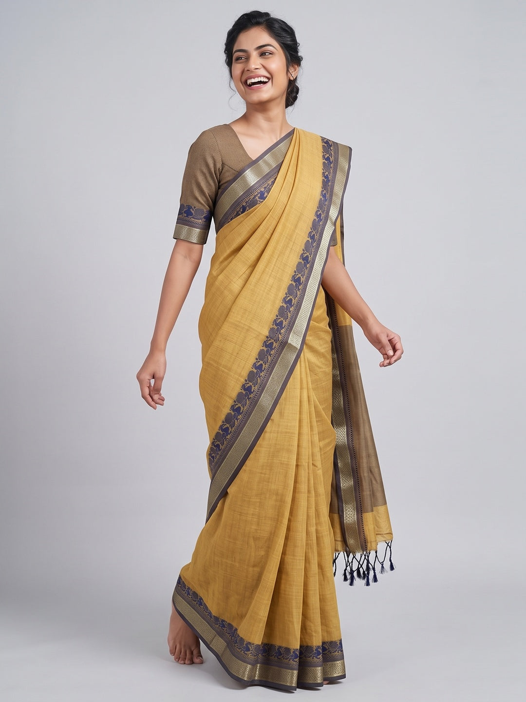 Mustard Pure Handloom Silk Saree with an Elegantly Woven Jacquard Border - Image 4