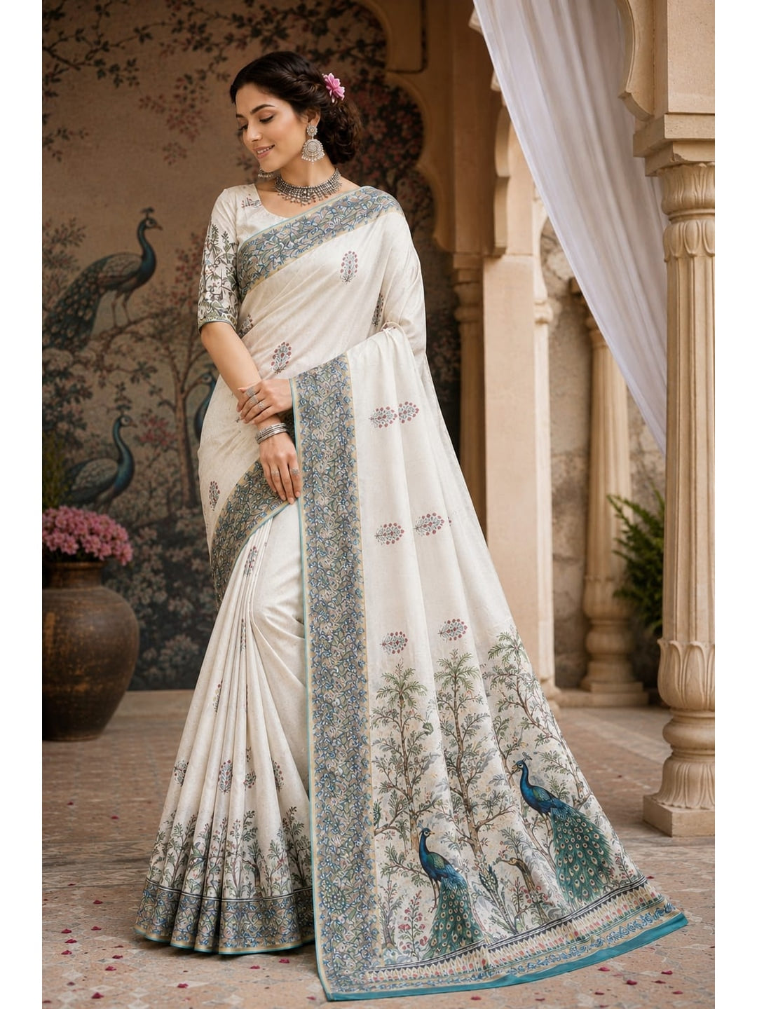 Peachmode Off White Peacock Printed Mul Cotton Saree - Image 4