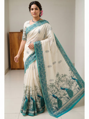 Peachmode Off White Peacock Printed Mul Cotton Saree - Image 1