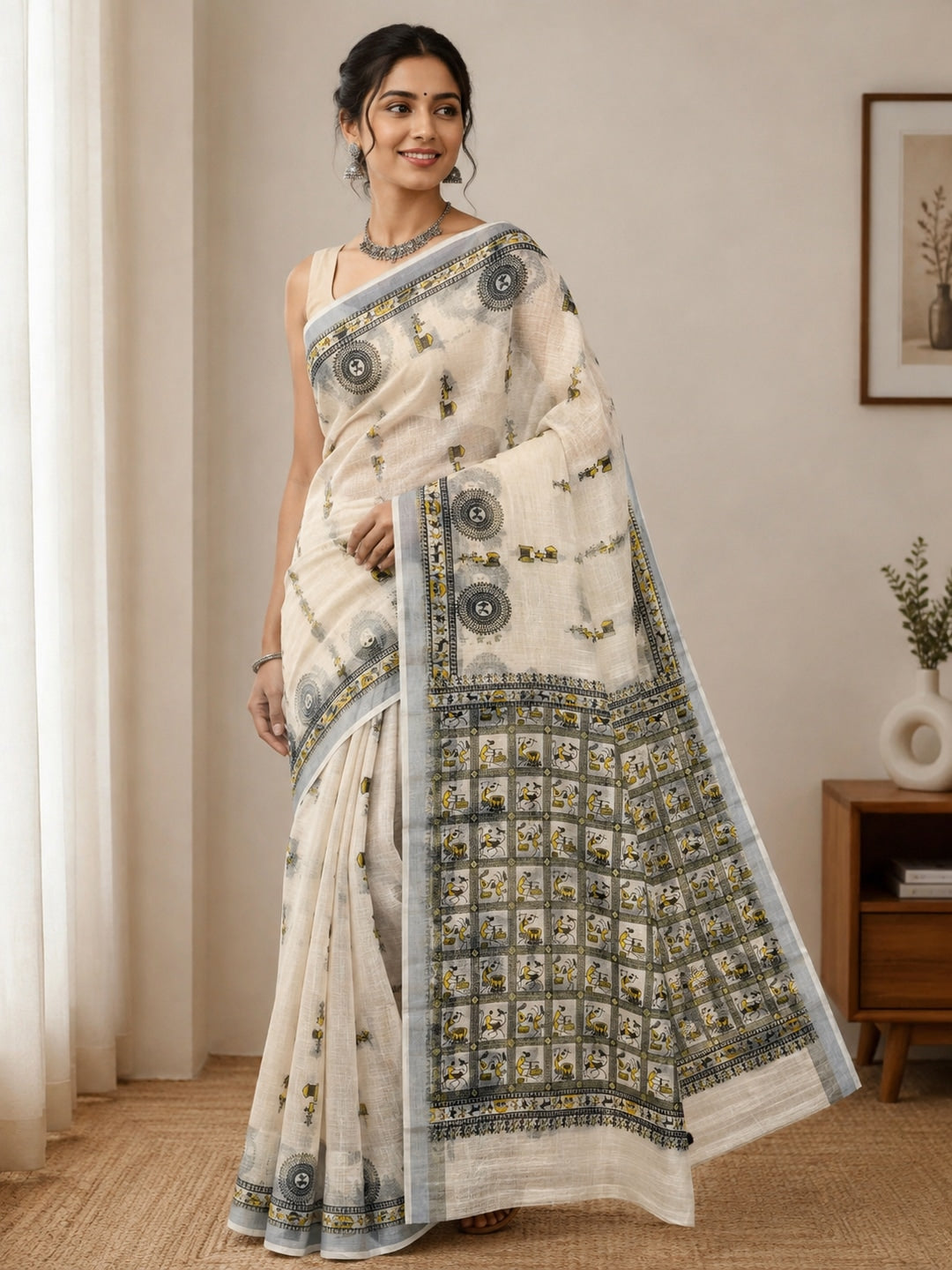 Peachmode Offwhite Folk Art Linen Cotton Saree - Image 1