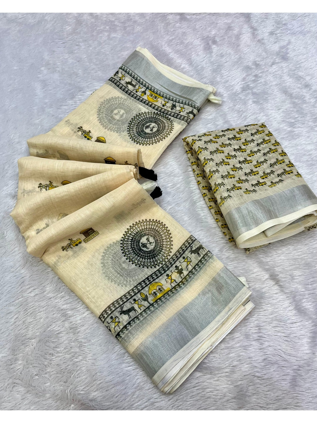 Peachmode Offwhite Folk Art Linen Cotton Saree - Image 2