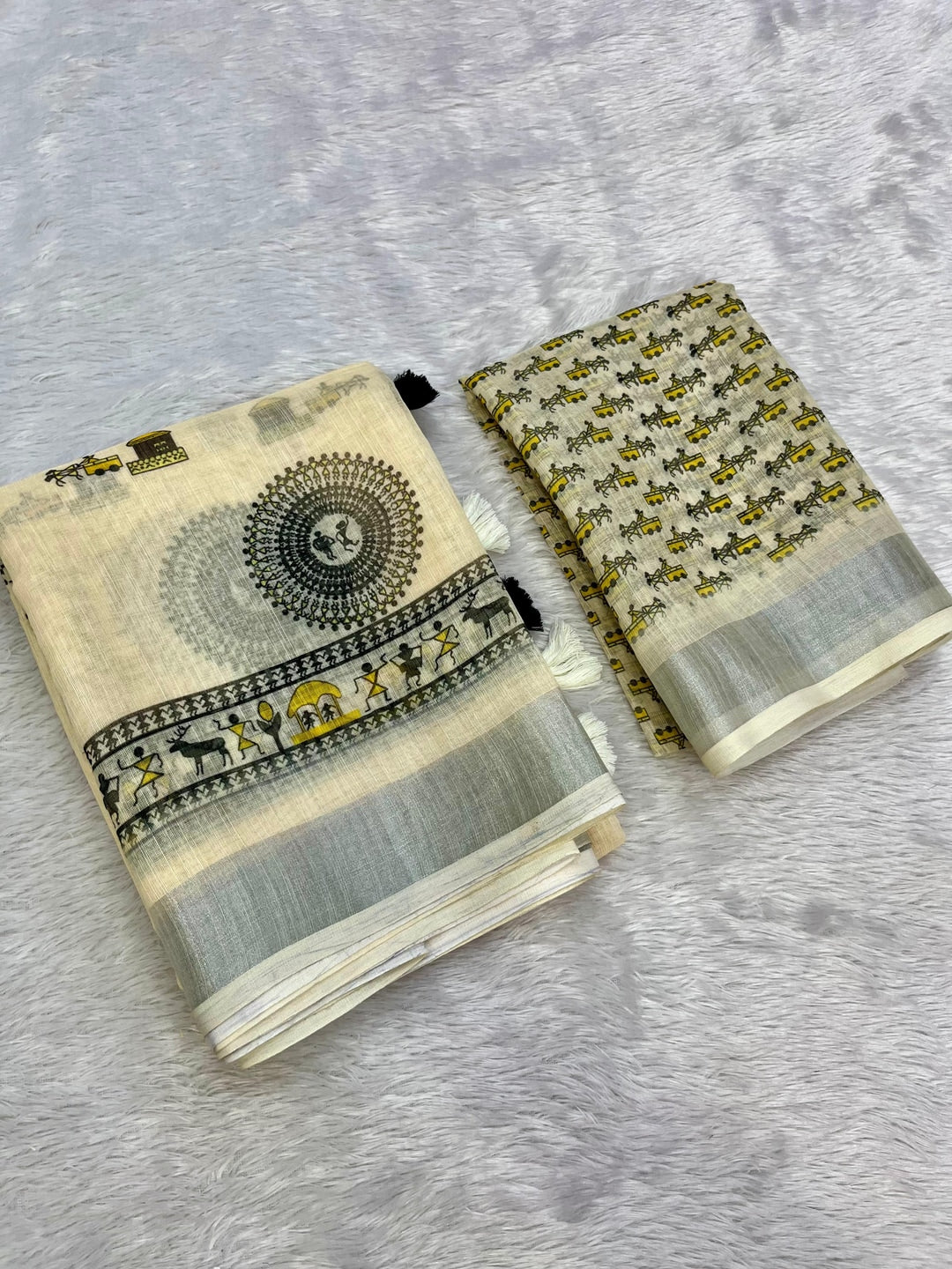 Peachmode Offwhite Folk Art Linen Cotton Saree - Image 3