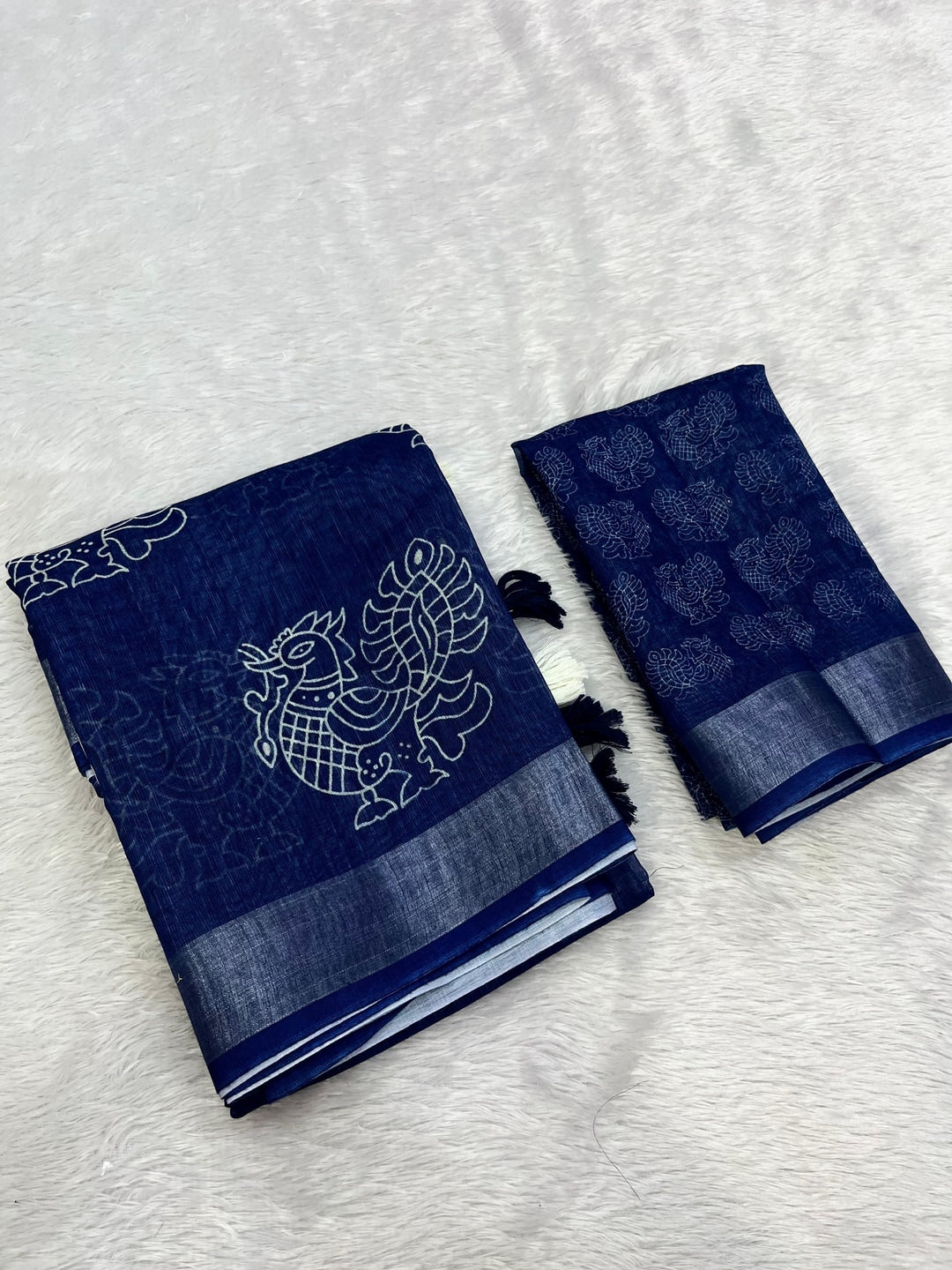 Peachmode Navy Blue Peacock Linen Cotton Saree - Image 2