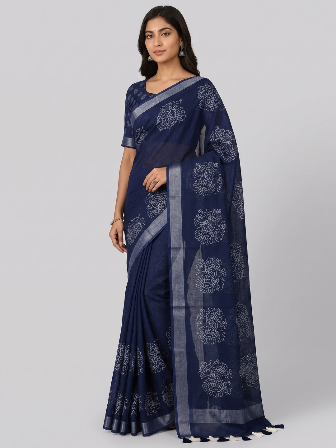 Peachmode Navy Blue Peacock Linen Cotton Saree - Image 5