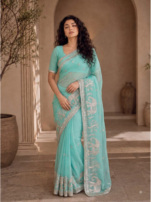 Peachmode Rama Blue Gota Patti Georgette Saree - Image 1