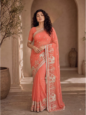 Peachmode Peach Gota Patti Georgette Saree - Image 1