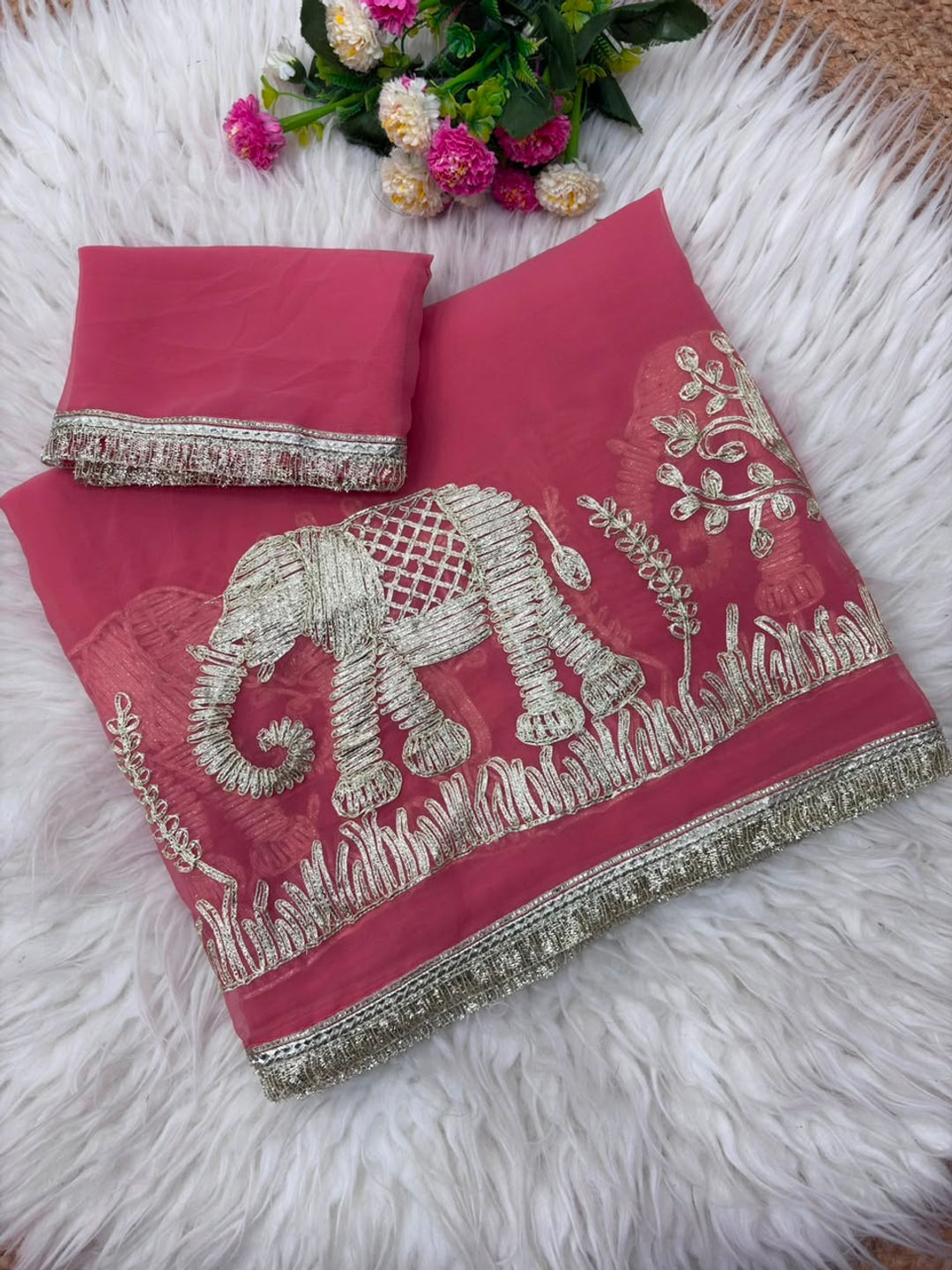Peachmode Peach Gota Patti Georgette Saree - Image 3