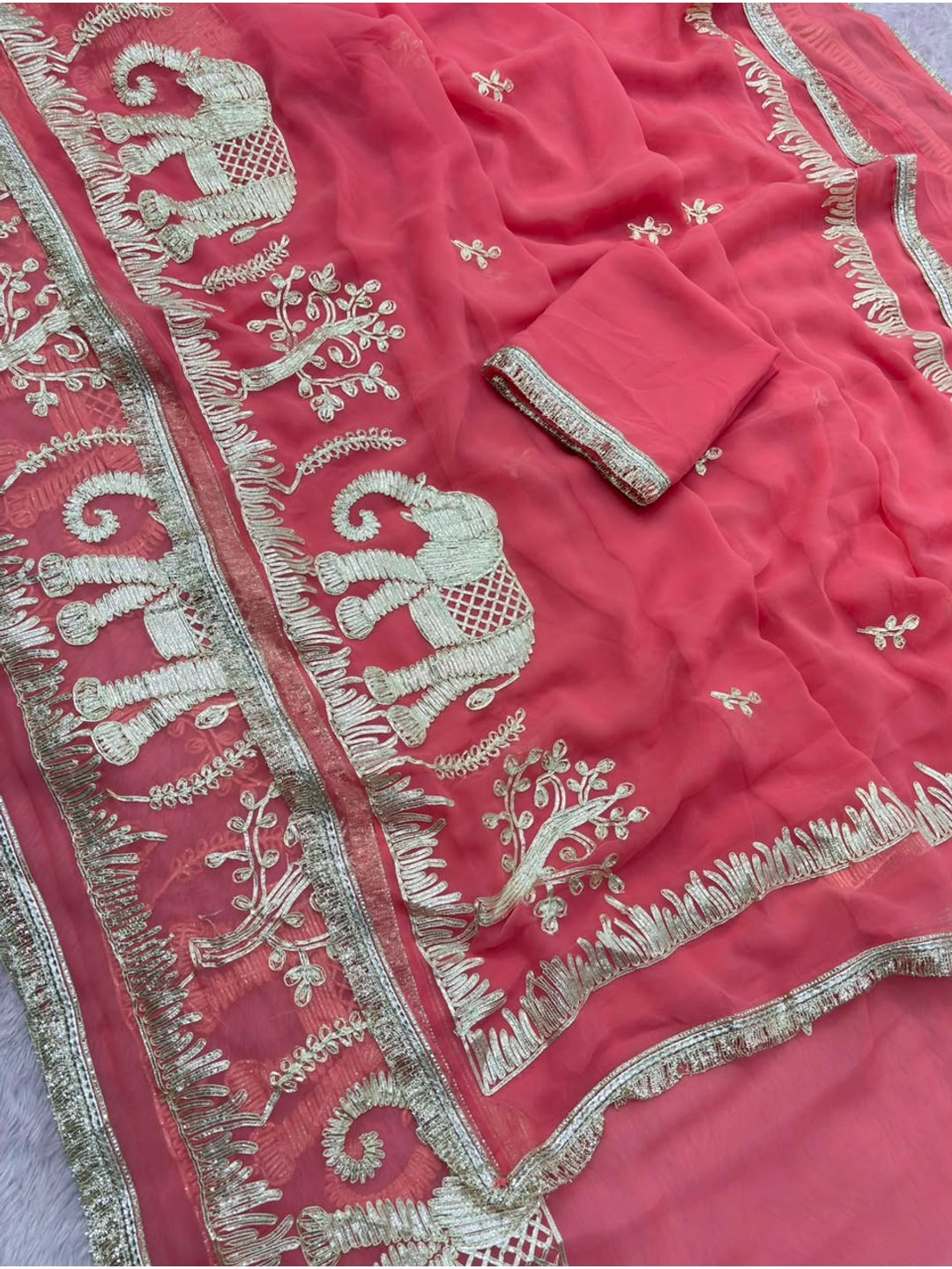 Peachmode Peach Gota Patti Georgette Saree - Image 4