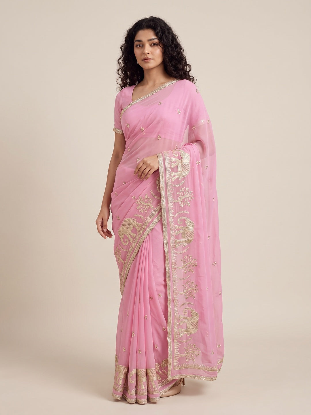 Peachmode Pink Gota Patti Georgette Saree - Image 5