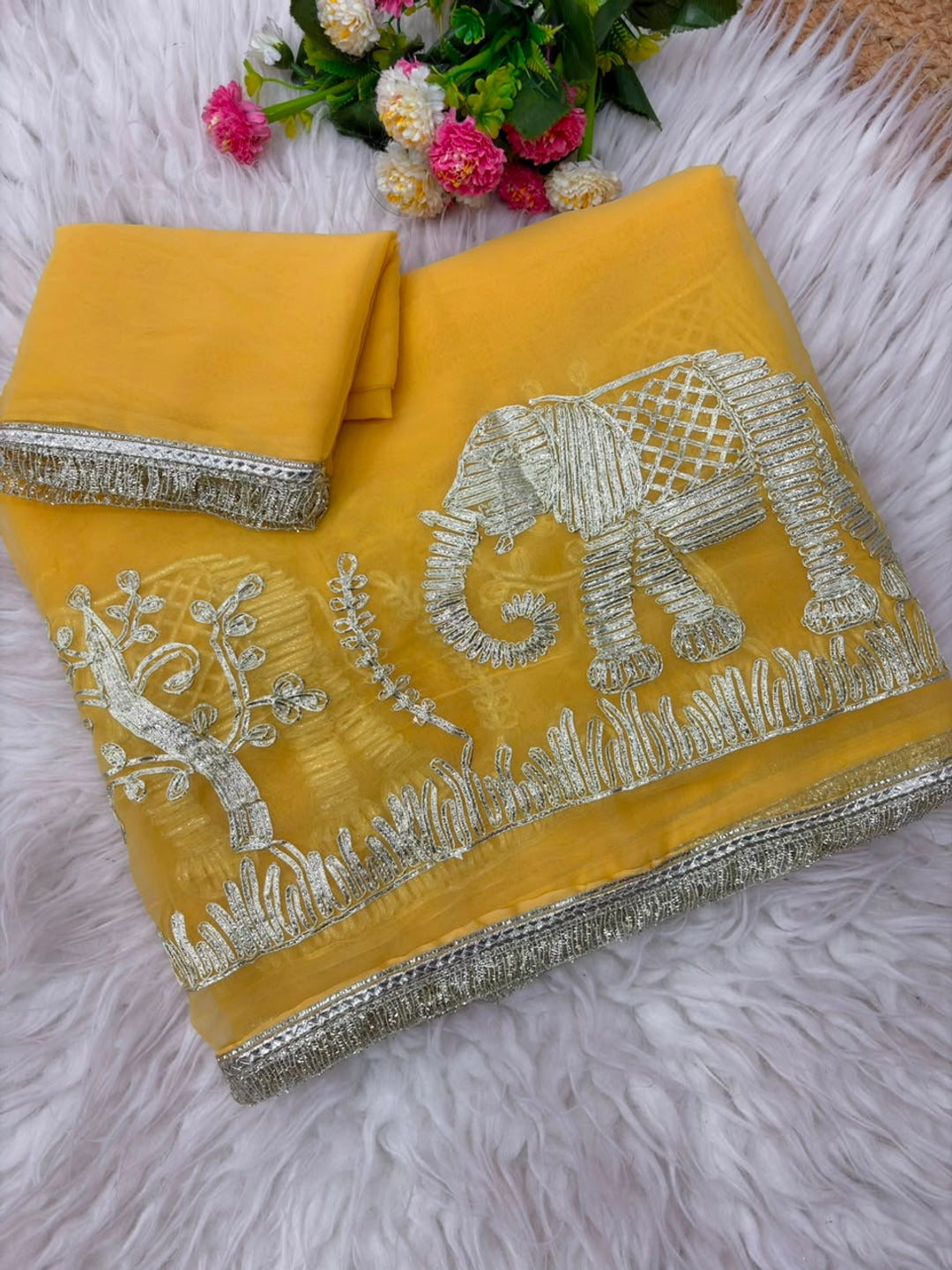 Peachmode Yellow Gota Patti Georgette Saree - Image 3